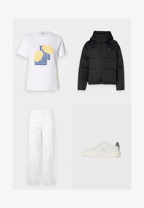 Black padded jacket with a hood, featuring a front zipper, adjustable drawstrings, and quilted design. Soft, lightweight fabric.; White cotton t-shirt featuring a graphic design of yellow and blue striped beach umbrellas with the text "GANT RESORT" at the bottom.; White wide-leg trousers made of lightweight fabric, featuring a smooth texture, clean lines, and a high waist design.; White sneaker made of leather with a smooth texture, featuring a silver accent on the heel, flat sole, and minimalistic design.