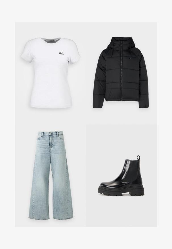 Zwarte gewatteerde jas met capuchon, voorzien van een voorrits, verstelbare koordjes en een doorgestikt ontwerp. Zacht, lichtgewicht materiaal.; Witte katoenen T-shirt met korte mouwen, ronde halslijn en een klein zwart "ck" logo op de linkerborst. Soepele textuur, klassieke pasvorm.; Lichtblauwe denim wijde broek met hoge taille, voorzien van een knoopsluiting, vijf zakken en rafelige zoomdetails.; Zwarte leren enkelboots met een strak ontwerp, elastische zijpanelen en een stevige zwarte zool. Voorzien van een trekknoop aan de achterkant voor gemakkelijk aan- en uittrekken.