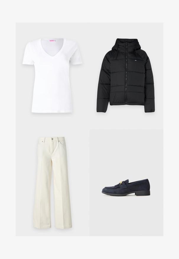 Črna podložena jakna s kapuco, ki ima sprednji zadrgo, nastavljive vrvice in kvadratni dizajn. Mehka, lahka tkanina.; Bela bombažna majica s kratkimi rokavi in V-izrezom, ki se prilega telesu. Na ovratniku je nalepka z napisom "FROM FUTURE" v rožnati barvi.; Široke bele kavbojke so narejene iz mešanice bombaža. Imajo zadrgo, pet žepov in šive vzdolž šivov.; Mornarske semiš loafer čevlje z nizko črno peto, ki vključujejo okrasno zlato strojno opremo spredaj in obliko zaokroženega nosu.