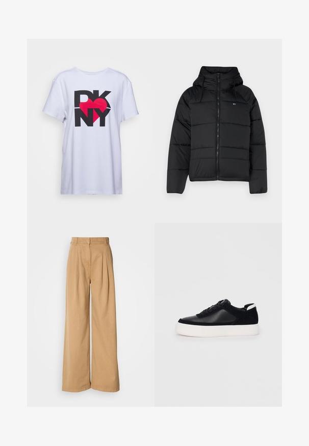Svart polstret jakke med hette, med glidelås foran, justerbare snorer og quiltet design. Mykt, lett stoff.; DKNY BOYFRIEND OVERSIZE WITH GIANT - T-shirts med print - white; Vide benbukser i tan bomull, med folder i midjen, høy livhøyde og en myk tekstur. Ingen synlig maskinvare eller mønstre.; Svart sneakers med glatt skinn og semsket skinnpaneler, flate snørebånd, rund tå og hvit gummisåle. Distinkt logo på hælen.