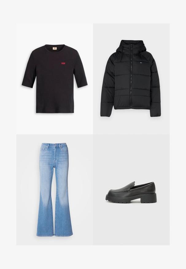Casaco acolchoado preto com capuz, apresentando um fecho éclair frontal, cordões ajustáveis e design acolchoado. Tecido macio e leve.; T-shirt de algodão preto com decote redondo e mangas curtas. Apresenta um pequeno logo vermelho da Levi's no peito. Textura suave.; Jeans de denim azul claro, de cintura alta e com corte flare, apresentam um fecho de botão e passantes para cinto. Textura suave e acabamento desgastado ao longo das pernas.; Mocassins de couro preto com bico arredondado, sola espessa e texturizada, e detalhes de costura minimalistas. Design elegante sem atacadores ou ferragens visíveis.