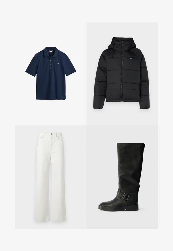 Giacca nera imbottita con cappuccio, dotata di zip frontale, lacci regolabili e design trapuntato. Tessuto morbido e leggero.; Polo shirt blu navy realizzato in cotone, con colletto classico, placca con tre bottoni e piccolo logo ricamato sul petto.; Samsøe Samsøe SHELLY - Jeans baggy - clear cream; Stivali neri al ginocchio realizzati in pelle liscia, con punta rotonda, suola spessa e una cinghia orizzontale con un dettaglio in fibbia rettangolare.