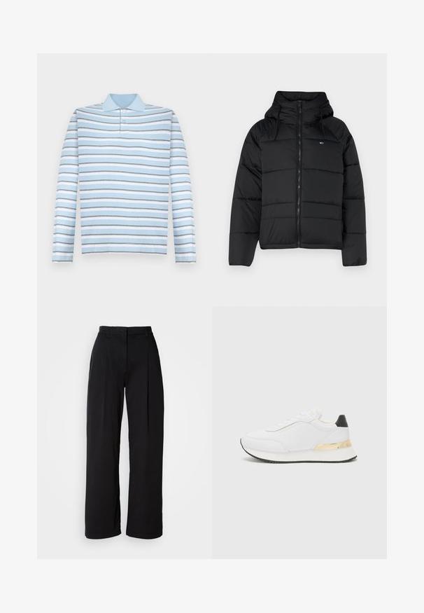 Črna podložena jakna s kapuco, ki ima sprednji zadrgo, nastavljive vrvice in kvadratni dizajn. Mehka, lahka tkanina.; Svetlo modra dolgimi rokavi polo majica z vodoravnimi sivo-belimi črtami in ovratnikom.; Črne široke hlače z visokim pasom, narejene iz gladkega materiala, z sprednjimi gubami in klasičnim krojem. Brez vidnih kovinskih delov ali vzorcev.; Bela tenisa z gladko površino, ki se ponaša z črnimi detajli na peti in zlatim kovinskim dodatkom na srednjem delu podplata. S sistemom vezalk, gumijast podplat.
