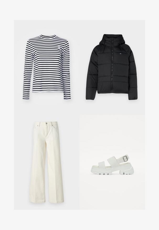 Juodas pūkų striukė su gobtuvu, su priekiniais užtrauktukais, reguliuojamomis raištelėmis ir siuvinėta struktūra. Minkšta, lengva medžiaga.; Calvin Klein Jeans REGULAR LONG SLEEVED - Ilgarankovis viršutinės dalies drabužis - black/bright white; Platūs balti džinsai, pagaminti iš medvilnės mišinio. Yra užtrauktukas, penkių kišenių dizainas ir siūlės išsiuvinėjimas.; Baltos šlepetės su storu padu, turinčios dvi plačias dirželes ir sagtį kulkšnies dirželyje. Lygus paviršius, minimalistinis dizainas.