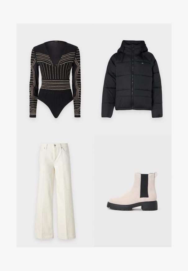 Juodas pūkų striukė su gobtuvu, su priekiniais užtrauktukais, reguliuojamomis raištelėmis ir siuvinėta struktūra. Minkšta, lengva medžiaga.; Juodas bodis su ilgomis rankovėmis, turintis gilią V formos iškirptę ir aukso spalvos metalinės detalės, išdėstytos linijiniu raštu per krūtinę ir šonus.; Platūs balti džinsai, pagaminti iš medvilnės mišinio. Yra užtrauktukas, penkių kišenių dizainas ir siūlės išsiuvinėjimas.; Smėlio spalvos zomšiniai Čelsi botai su juodu elastiniu šonu, masyviu juodu padu ir kilpa prie kulkšnies.