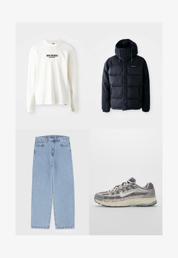 Casaco puffer preto com capuz, com seções acolchoadas, um colarinho alto e bolsos com fecho éclair. Feito de material resistente à água.; Sweatshirt branco de mangas longas em ribana, com um logo preto "DICKIES" e "SINCE '22" por baixo, gola redonda e mangas com punhos.; Jeans de denim azul claro com design de perna reta, apresentando uma cintura de altura média, cinco bolsos e um fecho de botão e zíper.; Sapatilha atlética cinza com parte superior em malha e camurça, detalhes brancos, sola acolchoada e um design distinto com elementos refletivos.