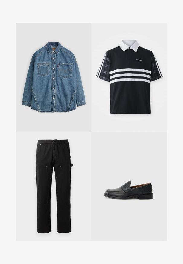 Denim button-up shirt featuring light blue fabric, two chest pockets, white buttons, and contrast stitching along seams for added detail.; Black polo shirt with white stripes and logo; features short plaid sleeves and a white collar with a button placket.; Black cotton pants with a straight leg design, two front pockets, side utility pocket, and snap-button details.; Black leather loafers with a stitched design, rounded toe, low stacked heel, and slip-on style. Smooth texture with slight shine.