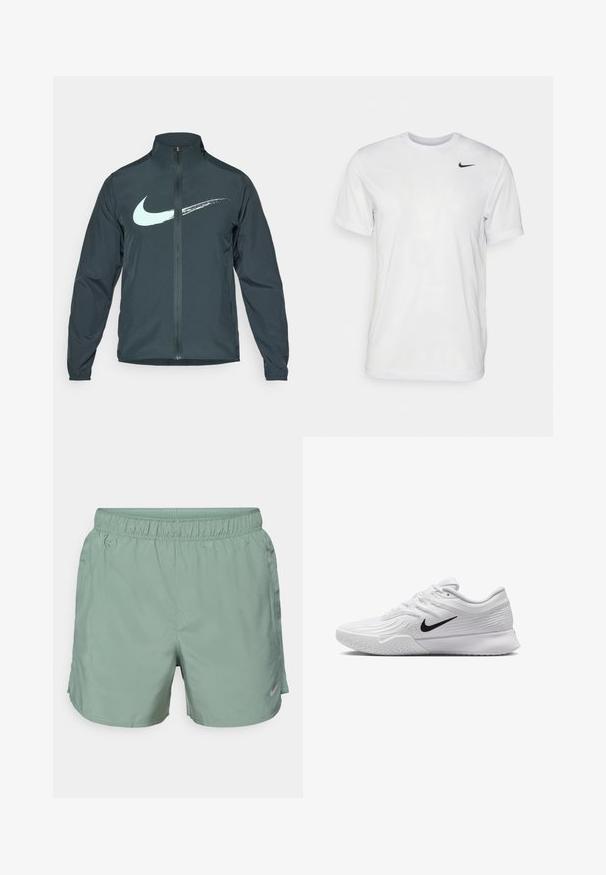 Nike vējjakas tumši zaļā krāsā ar gaiši zilu Swoosh logo. Pilns rāvējslēdzējs priekšā, augsta apkakle un elastīgas aproces. Gluda, viegla materiāla izstrādājums.; Balts īsām piedurknēm T-krekls, kas izgatavots no gludas auduma. Tam ir apaļa kakla izgriezums un neliels melns Nike logo kreisajā krūtī.; Gaiši zaļi sporta šorti, izgatavoti no gludas auduma, ar elastīgu jostasvīru un diskrētu logotipu apakšējā pusē.; Baltas sporta apavi ar teksturētu sietiņu, melns Nike zīmols, polsterētas apkakles un gumijas zole ar profilu.