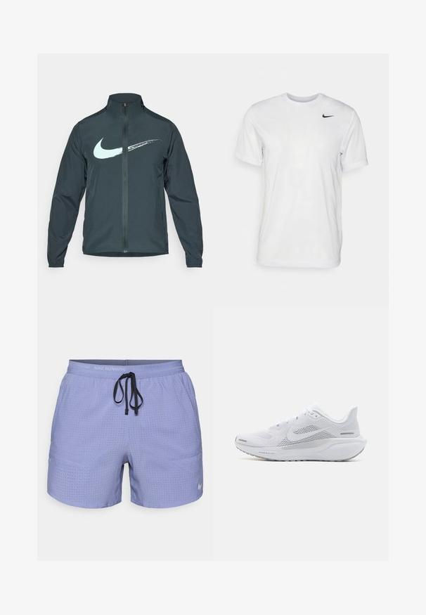 Nike jakna protiv vjetra u tamnozelenoj boji, s svijetloplavim Swoosh logom. Cjeloviti patentni zatvarač, visoki ovratnik i elastične manžete. Glatki, lagani materijal.; Bijela kratkotrajna majica s kratkim rukavima izrađena od glatkog materijala. Ima okrugli izrez i mali crni Nike logo na lijevoj strani prsnog koša.; Ljubičaste Nike trkaće kratke hlače s perforiranim dizajnom, elastičnim pojasom, podesivim crnim vezicom i malim bijelim logotipom sa strane.; Bijela sportska cipela s mrežastim gornjim dijelom, glatkim dekoracijama, sivim detaljima, vezicama i obloženom potplatom dizajniranom za performanse.
