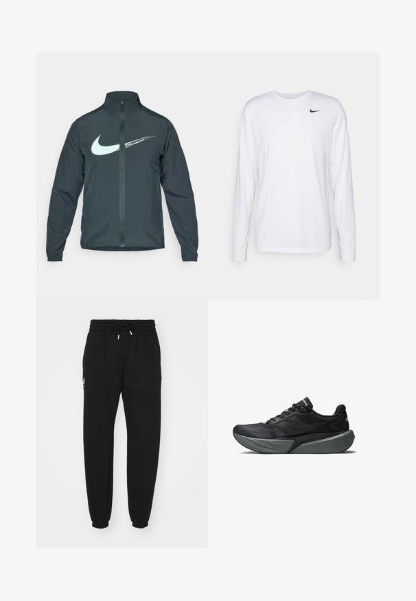 Casaco corta-vento da Nike em verde escuro, com o logótipo Swoosh em azul claro. Fecho frontal com zíper, gola alta e punhos elásticos. Material liso e leve.; Nike Performance TEE RESET - Camisola de manga comprida - white/black; Calças de treino pretas feitas de tecido suave, com um cós elástico com cordão, punhos elásticos e um pequeno detalhe com o logotipo de lado.; Sapatilha atlética preta com parte superior em malha e sobreposições texturizadas. Apresenta uma entresola cinza espessa e um design aerodinâmico. Logótipo em contraste na lateral.