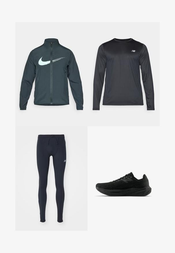 Nike vetrovka v tmavozelenej farbe, s svetlomodrým logom Swoosh. Celoprepínací predný zips, vysoký golier a elastické manžety. Hladký, ľahký materiál.; Dlhý rukáv športová košeľa v čiernej farbe, vyrobená z hladkej, ľahkej tkaniny s jemnou textúrou. Obsahuje malé logo na hornej ľavej časti hrudníka.; New Balance SLEEK REFLECIVE TIGHT - Legíny - black; Čierne športové topánky s textúrovaným zvrškom, ktoré majú elegantný dizajn, šnurovanie a hrubšiu podrážku s dezénom pre lepšiu priľnavosť.