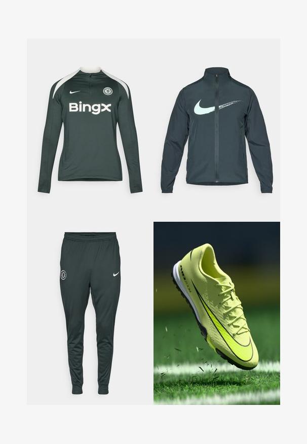 Nike jakna protiv vjetra u tamnozelenoj boji, s svijetloplavim Swoosh logom. Cjeloviti patentni zatvarač, visoki ovratnik i elastične manžete. Glatki, lagani materijal.; Dugi rukav sportski dres u tamnozelenoj boji s bijelim detaljima. Sadrži zatvarač na vratu, timski logo i naziv marke "Bingx" u podebljanom bijelom tekstu.; Tamnozelena Nike trenirka s elastičnim pojasom i manžetama. Ima logo Chelsea FC na lijevoj nozi i bijelu Nike swoosh oznaku.; Svijetložuti Nike Air Zoom nogometni kopački podižu travu na zelenom terenu s bijelim linijama tijekom igre.