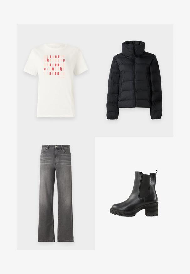 Sort polstret jakke med høj krave, hel frontlynlås, quiltet design og elastiske manchetter. Glat tekstur, letvægtsmateriale.; Hvid bomulds t-shirt med et geometrisk mønster af rektangulære former i nuancer af pink og rød. Rund hals og korte ærmer.; Mellemhøje grå denim bukser med brede ben, let slidte detaljer, klassisk fem-lomme design og metalknap lukning. Normal længde i kanten.; Sort læder ankelstøvle med elastiske sider, kraftig struktureret hæl og en løkke. Rund tå og karakteristisk ribbet sål.