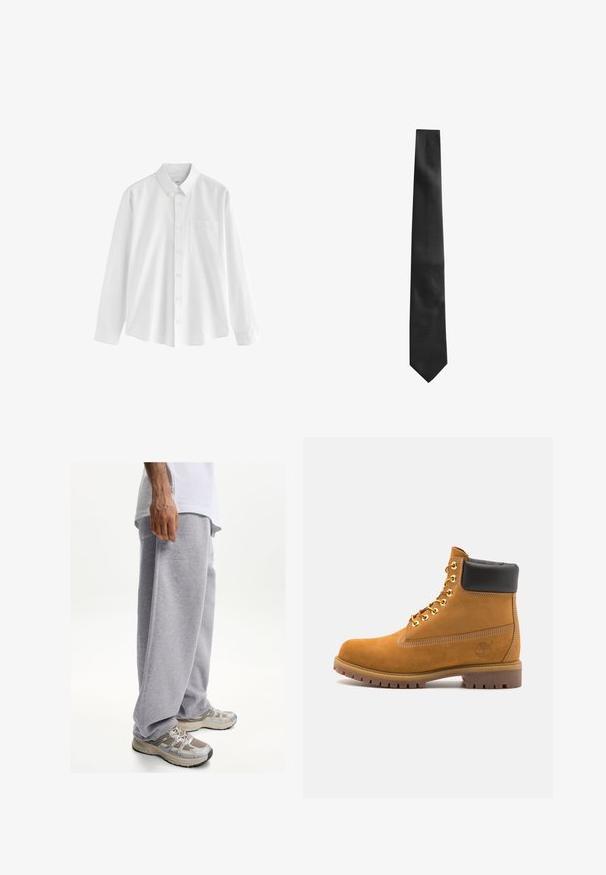 Giubbotto tipo puffer nero con colletto alto, zip frontale e polsini elasticizzati. Presenta pannelli cuciti e un piccolo logo sulla parte superiore sinistra del petto.; Camicia bianca a manica lunga realizzata in cotone, con colletto button-down, una tasca sul petto e una vestibilità comoda. Presenta piccoli bottoni lungo la parte anteriore.; Pantaloni sportivi grigi realizzati in tessuto morbido, con una vestibilità ampia e una cintura elastica. Abbinati a scarpe da ginnastica beige e grigie.; Stivale alla caviglia in suede tan con collare imbottito nero, occhielli in metallo dorato, dettagli in cucitura bianca e suola in gomma robusta con battistrada pronunciato.; Cravatta nera con una finitura testurizzata, forma stretta e punta appuntita. Il tessuto appare liscio con un motivo sottile.