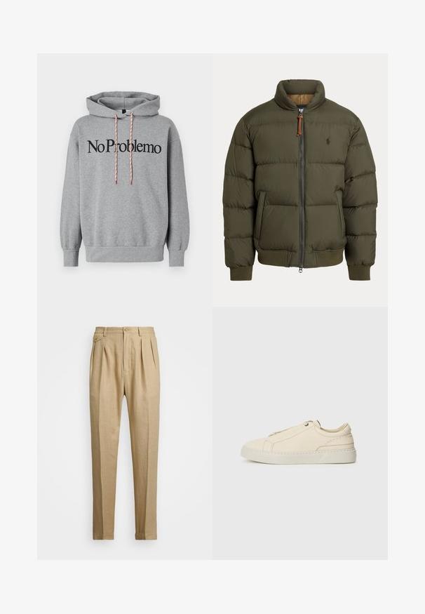 Olíva zöld puffernadrág, magas nyakkal, cipzáros záródással, oldalsó zsebekkel, bordázott mandzsettákkal és egy diszkrét logóval a mellkasán.; Szürke kapucnis pulóver kenguruzsebből, piros és fehér húzózsinórral, amelyen vastag fekete betűkkel ez áll: "No Problemo".; Beige vászon nadrág egyenes szabással, két első redővel, gombos záródással és oldalzsebekkel. Tömör textúrájú anyag sima felülettel.; Beige bőr sneaker, lekerekített orral, minimalista dizájnal, finom varrási részletekkel és texturált felsőrésszel, világos talpon.