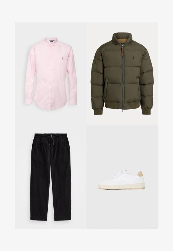 Kurtka puchowa w oliwkowej zieleni, z wysokim kołnierzem, zamkiem błyskawicznym, bocznymi kieszeniami, ściągaczami na mankietach oraz subtelnym logo na klatce piersiowej.; Polo Ralph Lauren - Koszula; Czarne spodnie z corduroy o luźnym kroju, z elastycznym pasem na sznurku i bocznymi kieszeniami. Tkanina ma prążkowaną teksturę.; Białe niskie sneakersy z teksturowanej skórzanej cholewce, kremową żłobioną podeszwą i brązowym akcentem na pięcie. Posiadają białe sznurowadła i detal z logo na pięcie.