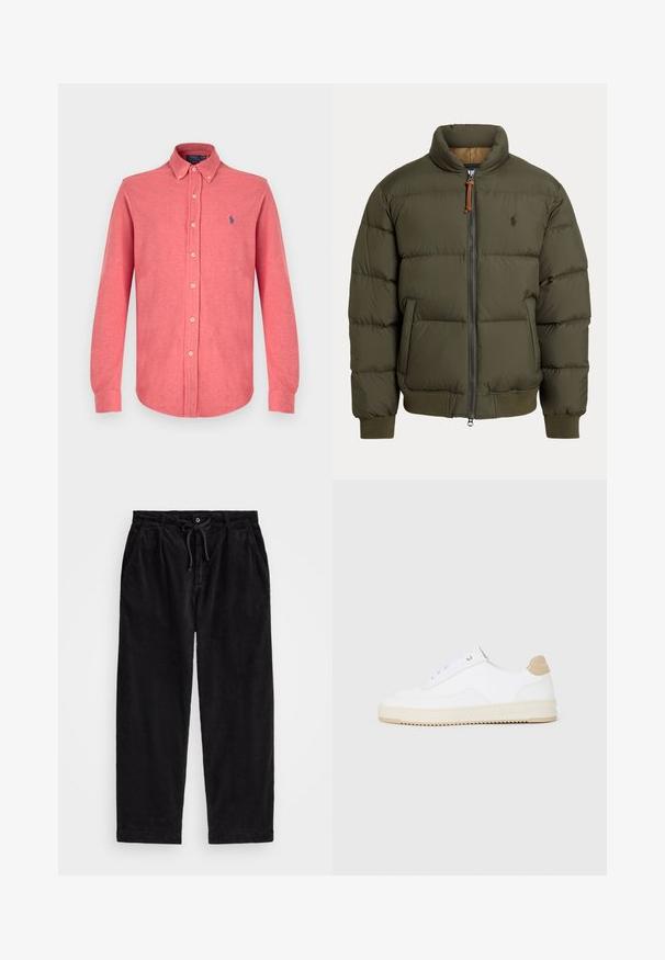 Olivos žalia pūkuota striukė, pasižyminti aukštu apykakle, užtrauktuku, šoninėmis kišenėmis, kojinėmis rankovėmis ir subtiliu logotipu ant krūtinės.; Ilga rankovė, mygtukais užsegama marškiniai koralinės spalvos, pagaminti iš minkštos medžiagos. Yra klasikinis apykaklė ir mažas mėlynas logotipas ant krūtinės.; Juodo kanapinio audinio kelnių modelis, turintis laisvą siluetą, su elastingu juosmeniu ir raiščiu, bei šoninėmis kišenėmis. Audinys turi išilginę tekstūrą.; Baltos žemos sportbačiai su tekstūruota odine viršutinė dalimi, kreminė banguota priekiu ir ruda kulno akcentu. Yra baltos raištelės ir logotipas ant kulno.