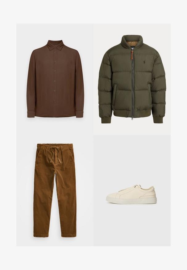 Pufferjack in olijfgroen, met een hoge kraag, ritsluiting, zijzakken, geribbelde manchetten en een subtiele logo op de borst.; Lange mouwen bruine knop-overhemd met kraag en manchetten, plat weergegeven tegen een witte achtergrond.; Bruine corduroy broek met een elastische tailleband en drawstring, zijzakken en rechte pijpen met een gestructureerde ribbel.; Beige leren sneaker met een ronde neus, minimalistisch ontwerp, subtiele stikdetails en een gestructureerde bovenkant, op een lichte zool.