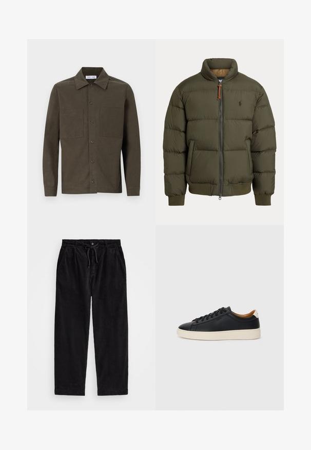 Jakna od puhvane tkanine u maslinastoj boji, s visokim ovratnikom, zatvaranjem na cipzar, bočnim džepovima, rebrastim manžetama i suptilnim logotipom na prsima.; Tamnozelena longsleeve košulja od glatkog materijala, sa šiljastim kragnom, prednjim dugmadi i dva džepa na grudima.; Crne kordura hlače s opuštenim krojem, koje sadrže elastičnu gumicu s vezicom i bočne džepove. Tkanina pokazuje rebrastu teksturu.; Crne kožne tenisice s glatkom teksturom, bež gumeni đon, dizajn s vezicama i kontrastni detalj na peti.