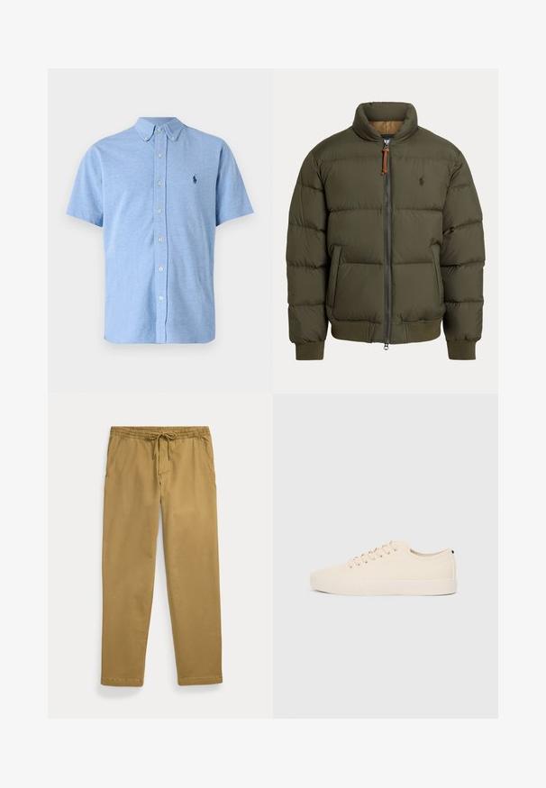 Puffjacka i olivgrön, med hög krage, dragkedja, sidofickor, ribbade ärmslut och en diskret logotyp på bröstet.; Polo Ralph Lauren FEATHERWEIGHT MESH SHIRT - Skjorta - isle heather; Khaki raka byxor med elastisk midja och frontdragband, utrustade med snedställda framfickor och sydda fållar.; Beige canvas sneakers med rund tå, platt gummisul och snörning framtill. Har en minimal design och en kontrasterande svart accent vid hälen.