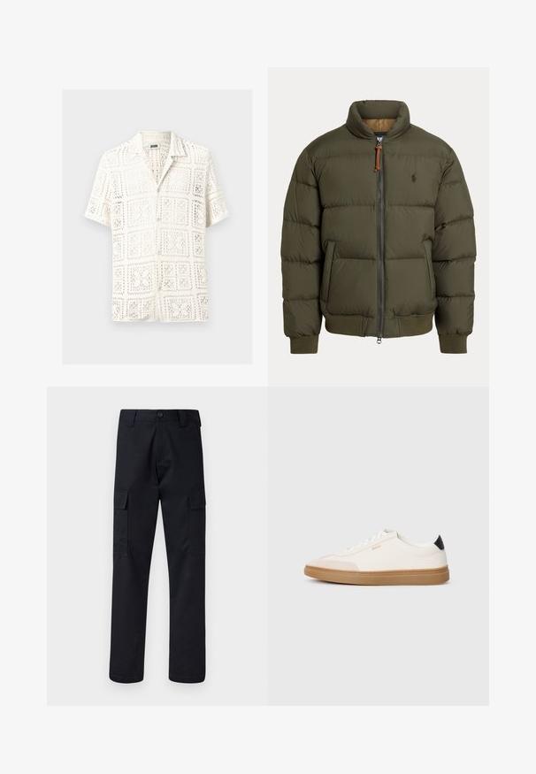 Chaqueta tipo abrigo en verde oliva, con un cuello alto, cierre con cremallera, bolsillos laterales, puños acanalados y un logo sutil en el pecho.; Camisa blanca de manga corta con un patrón de ganchillo en calado, con cuello y botones en la parte delantera, mostrando un diseño de cuadrícula.; Pantalones cargo negros hechos de una tela resistente, con un corte recto en las piernas, dos bolsillos laterales y un cierre de botón en la cintura.; Zapatillas blancas con acentos en beige, parte superior de cuero suave, punta redondeada y suela de goma, con un tirador en negro en el talón y un logotipo sutil.