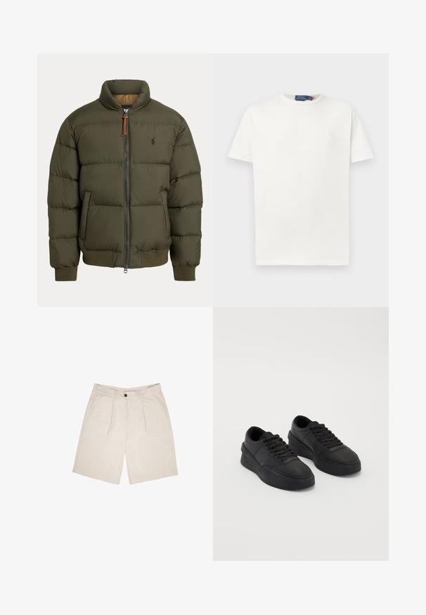 Geacă pufoasă de culoare verde oliv, cu guler înalt, închidere cu fermoar, buzunare laterale, manșete ribbate și un logo subtil pe piept.; Tricou simplu alb cu mânecă scurtă și guler rotund, cu un logo brodat subtil pe partea stângă a pieptului și eticheta de marcă pe guler.; Shorts bej dintr-un material moale, cu un front plat ce prezintă două plisuri, șnururi pentru curea și buzunare laterale. Închidere cu un singur nasture la talie.; Tenisi negri din piele netedă, cu o talpă amortizată. Caracteristicile includ șireturi plate, perforații pe vârf și un profil elegant.