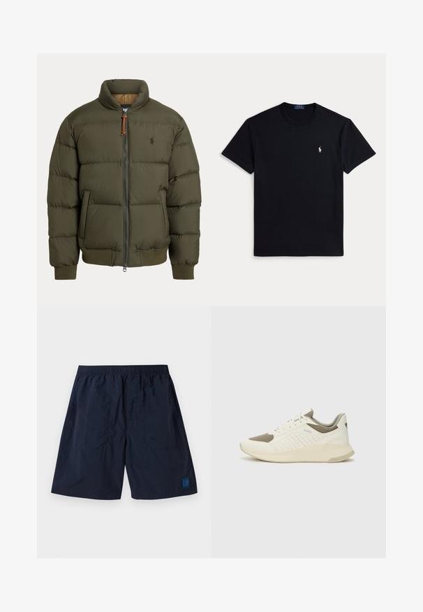 Jakna od puhvane tkanine u maslinastoj boji, s visokim ovratnikom, zatvaranjem na cipzar, bočnim džepovima, rebrastim manžetama i suptilnim logotipom na prsima.; Crna pamučna majica s okruglim izrezom, kratkim rukavima i malim izvezenim logotipom na lijevoj strani prsa. Glatka tekstura.; Tamnoplave kratke hlače izrađene od laganog materijala s elastičnim pojasom i malim četvrtastim GAP logotipom u donjem desnom kutu.; Bijele i svijetlosmeđe sportske tenisice, sa mrežastim gornjim dijelom, perforiranim detaljima i teksturiranim međutrakom sa brendom na peti.