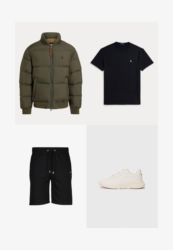 Veste matelassée vert olive, dotée d'un col montant, d'une fermeture éclair, de poches latérales, de poignets côtelés et d'un logo discret sur la poitrine.; T-shirt en coton noir avec un col rond, des manches courtes et un petit logo brodé sur la poitrine gauche. Texture lisse.; Shorts en coton noir avec un cordon de serrage à la taille, œillets en métal argenté et un logo discret sur le côté gauche. Texture lisse et coupe à mi-genou.; Baskets blanches en matériau texturé, avec une semelle lisse, un système de laçage à l'avant et une discrète marque au talon. Design minimaliste.