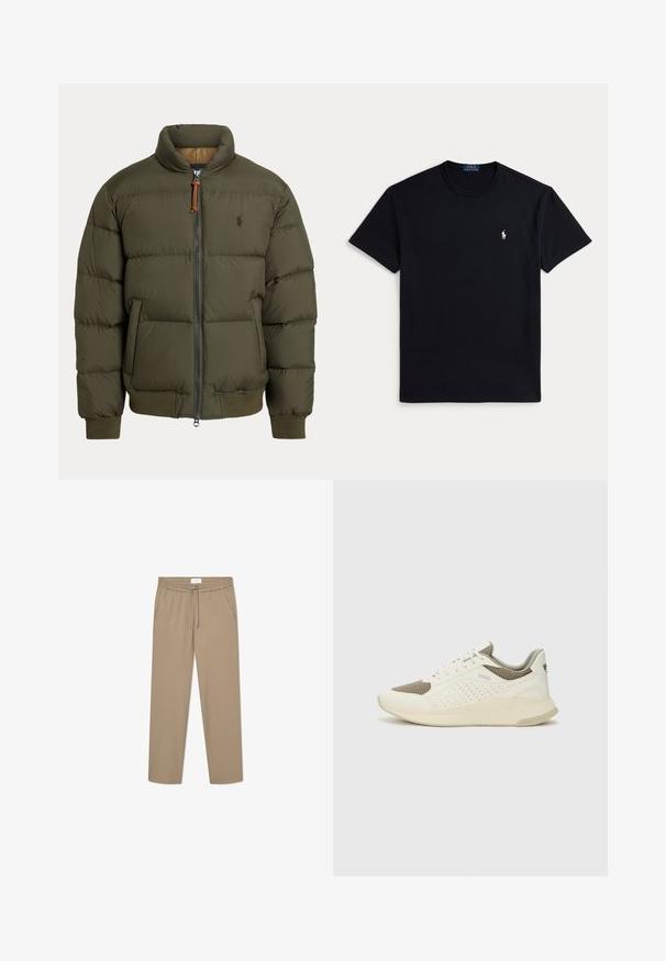 Puhasta jakna v olivno zeleni barvi, ki ima visok ovratnik, zadrgo, stranske žepe, rebraste manšete in subtilen logotip na prsih.; Črna bombažna majica s krožnim ovratnikom, kratkimi rokavi in majhnim vezenim logotipom na levi strani prsnega koša. Gladek tekstura.; Beige elastične hlače s elastičnim pasom in vrvico, s pridobljenima dvema stranskima žepoma in ravno obliko nogavic. Gladko teksturo.; Beli in svetlo bež športni copat, s mrežastim zgornjim delom, perforiranimi detajli in teksturirano srednjim delom z blagovno znamko na peti.