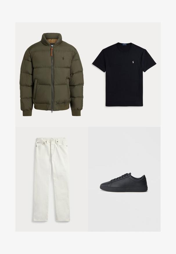 Puffjacka i olivgrön, med hög krage, dragkedja, sidofickor, ribbade ärmslut och en diskret logotyp på bröstet.; Svart bomulls-T-shirt med rund halsringning, korta ärmar och en liten broderad logga på vänster bröst. Mjuk textur.; Vita denimjeans med rak passform, som har fem fickor, metallknappar och stickningar längs sömmarna. Slät textur.; Svarta sneakers i slätt läder med låg design, rund tå och platt gummisula. Har snörning och subtil branding.