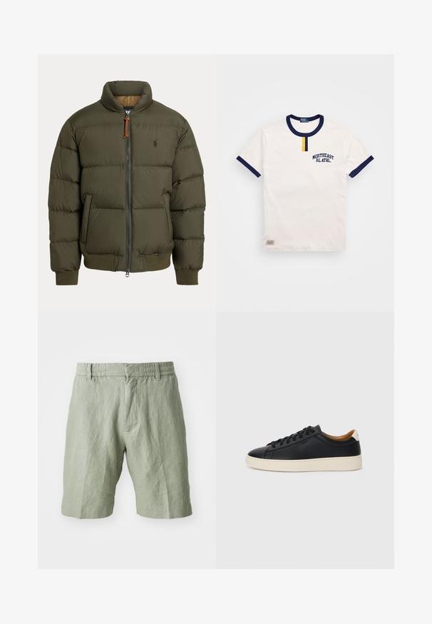 Olivengrøn pufferjakke med høj krave, lynlåslukning, sidelommer, ribstrik ved håndleddene og et diskret logo på brystet.; Hvid bomulds t-shirt med marineblå rund halsudskæring og ærmeaccent. Har en lille gul knapdetalje og broderet "NORTHEAST RL ATHL."; Lys grønne linnedshorts med en afslappet pasform, elastisk talje og to frontlommer. Glat tekstur med et afslappet design.; Sorte lædersneakers med en glat overflade, beige gummisål, snørebåndsdesign og en kontrastfarvet hæl.