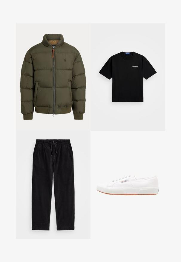Puffer jacket in olive green, featuring a high collar, zip closure, side pockets, ribbed cuffs, and a subtle logo on the chest.; Black cotton t-shirt with a round neckline and short sleeves. Features "POLO SPORT" logo on the left chest in white. Standard fit.; Black corduroy pants with a relaxed fit, featuring an elastic waistband with a drawstring, and side pockets. Fabric shows ribbed texture.; White canvas sneakers with a rubber sole, lace-up design, and a small logo label on the side. Textured white upper and brown outsole.