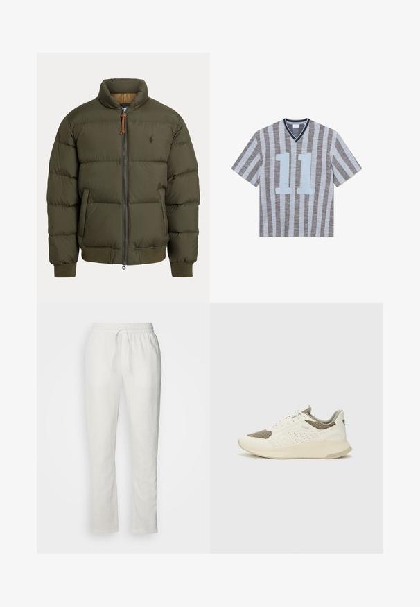 Olivos žalia pūkuota striukė, pasižyminti aukštu apykakle, užtrauktuku, šoninėmis kišenėmis, kojinėmis rankovėmis ir subtiliu logotipu ant krūtinės.; Dryžuotas trumparankovis marškinėliai su plonais mėlyniais ir pilkais dryžiais. Yra V formos iškirptė, ryškiai mėlynas "11" ant priekinės dalies ir tekstūruota medžiaga.; Les Deux PATRICK PANTS - Kelnės - white; Baltas ir šviesiai bežinis sportinis kedas, su tinklo viršumi, perforuotais detalėmis ir tekstūruotu tarpine su logotipu ant kulno.