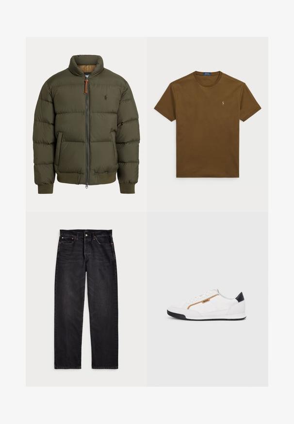 Casaco puffer em verde oliva, com gola alta, fecho de ziper, bolsos laterais, punhos canelados e um logótipo discreto no peito.; T-shirt de algodão castanho com decote redondo, mangas curtas e um pequeno logótipo bordado no peito. Textura suave, design casual.; Jeans de ganga preta com um design de perna reta, apresentando costuras em contraste, fecho de botão e cinco bolsos. Tecido texturizado com um acabamento suave.; Tênis atléticos brancos com detalhes em malha e couro. Apresenta um logotipo dourado "BOSS", painéis laterais texturizados e um capô de calcanhar preto. Sola em borracha.