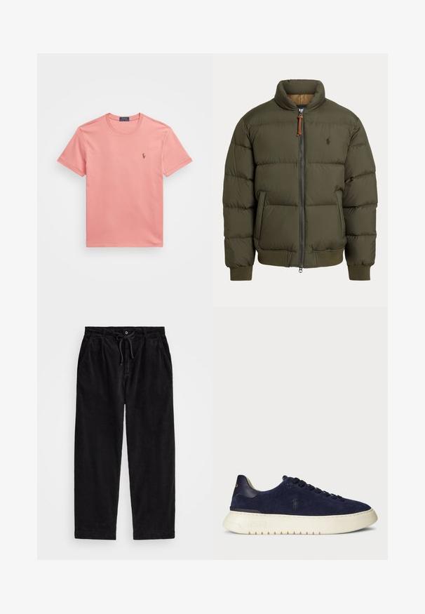 Olivos žalia pūkuota striukė, pasižyminti aukštu apykakle, užtrauktuku, šoninėmis kišenėmis, kojinėmis rankovėmis ir subtiliu logotipu ant krūtinės.; Rožinė medvilninė marškinėliai su apvalia iškirpte ir trumpomis rankovėmis. Ant kairiojo krūtinės puikuojasi mažas siuvinėjimas logotipas. Paprasta, lygi tekstūra.; Juodo kanapinio audinio kelnių modelis, turintis laisvą siluetą, su elastingu juosmeniu ir raiščiu, bei šoninėmis kišenėmis. Audinys turi išilginę tekstūrą.; Tamsiai mėlyni jovimo odos žemi sportbačiai su tekstūruotu paviršiumi, guma padais ir tonuotais raišteliais, su mažu logotipu šone ir ant kulno.