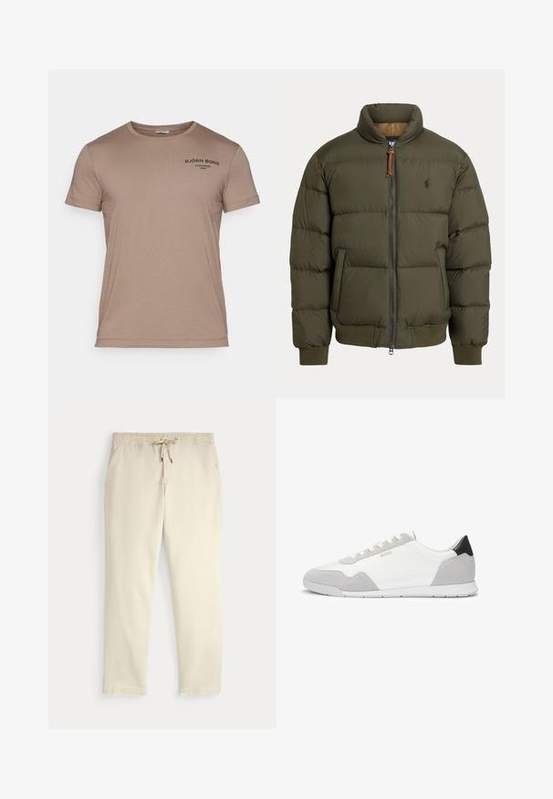 Olivengrøn pufferjakke med høj krave, lynlåslukning, sidelommer, ribstrik ved håndleddene og et diskret logo på brystet.; Brun kortærmet t-shirt lavet af bomuld, med en rund halsudskæring og et lille sort logo trykt på den øverste venstre side.; Off-white afslappede bukser med elastisk talje og snor, lige ben og sidelommer mod en ensfarvet baggrund.; Herresneakers i hvidt tekstil med grå ruskindsdetaljer og sort hæl. Har snørebånd og en tekstureret gummisål.