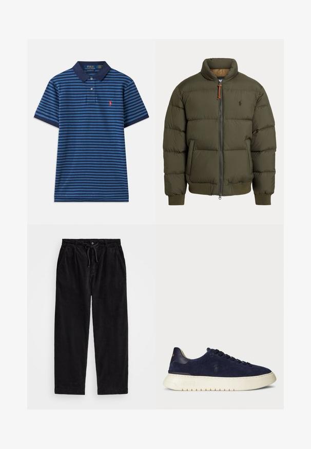 Casaco puffer em verde oliva, com gola alta, fecho de ziper, bolsos laterais, punhos canelados e um logótipo discreto no peito.; Camisa de polo às riscas em tons de azul com colarinho azul escuro. Apresenta mangas curtas e um pequeno logótipo vermelho no lado esquerdo do peito. Tecido leve.; Calças de veludo cotelê pretas com um ajuste relaxado, apresentando uma cintura elástica com cordão e bolsos laterais. O tecido apresenta uma textura canalizada.; Sapatilha baixa em camurça azul-marinho com uma superfície texturizada, sola de borracha e atacadores tonais, apresentando um pequeno logótipo de lado e no calcanhar.