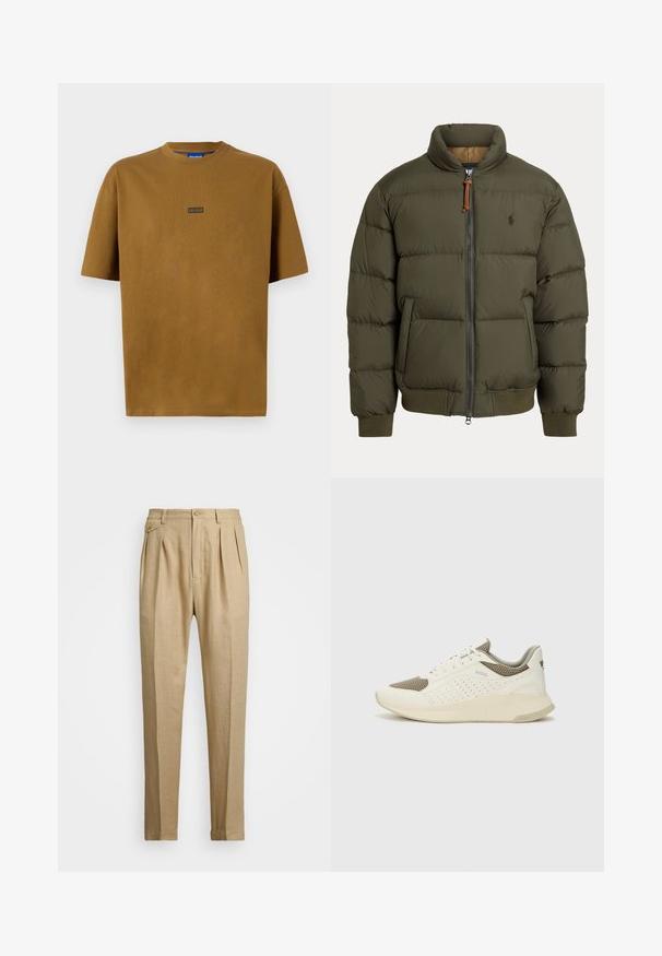 Puhasta jakna v olivno zeleni barvi, ki ima visok ovratnik, zadrgo, stranske žepe, rebraste manšete in subtilen logotip na prsih.; Rjava, kratkoročna majica s kroženim izrezom, izdelana iz bombaža. Ima majhen črn logotip z napisom "HUGO" spredaj.; Beige lanene hlače s ravnim krojem, ki imajo dva sprednja pregiba, gumbasto zapiranje in stranske žepi. Teksturna tkanina z gladkim zaključkom.; Beli in svetlo bež športni copat, s mrežastim zgornjim delom, perforiranimi detajli in teksturirano srednjim delom z blagovno znamko na peti.