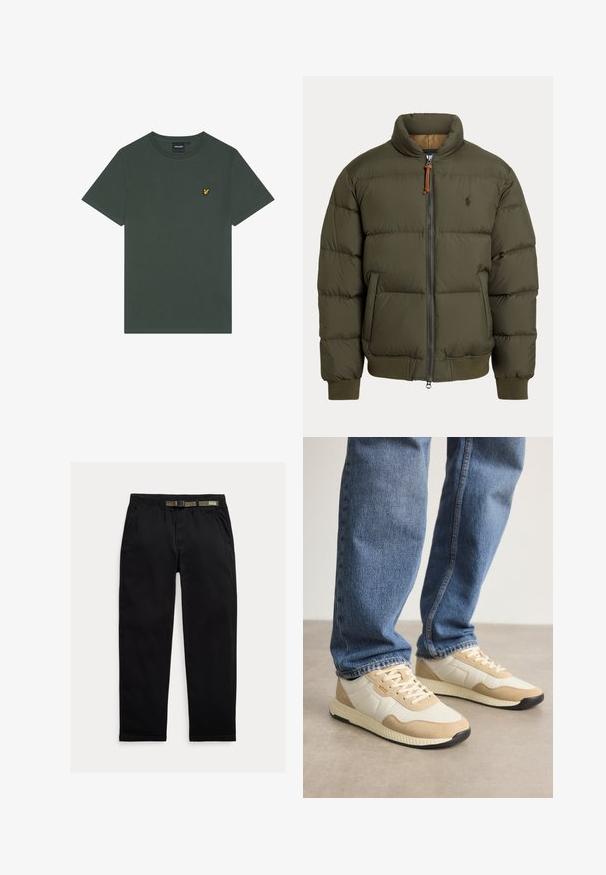Puffer jacket in olive green, featuring a high collar, zip closure, side pockets, ribbed cuffs, and a subtle logo on the chest.; Dark green cotton t-shirt with a round neck and short sleeves. Features a small yellow embroidered logo on the left chest.; Black pants made of lightweight fabric, featuring an elastic waistband with an integrated green belt, straight-leg cut, and side pockets.; Beige and cream sneakers with suede and mesh materials, featuring a textured sole and tonal accents, paired with blue denim jeans.