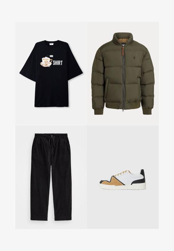 Casaco puffer em verde oliva, com gola alta, fecho de ziper, bolsos laterais, punhos canelados e um logótipo discreto no peito.; T-shirt oversized preta com um gráfico de uma chávena de flores com um saquinho de chá, texto "MOSCHINO" e "SHIRT" em letras brancas em negrito.; Calças de veludo cotelê pretas com um ajuste relaxado, apresentando uma cintura elástica com cordão e bolsos laterais. O tecido apresenta uma textura canalizada.; Ténis feitos de têxtil branco com camurça cor castanha e detalhes em couro preto, apresentando uma biqueira arredondada, um design de atacador plano e uma sola texturizada.