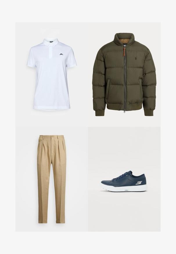 Casaco puffer em verde oliva, com gola alta, fecho de ziper, bolsos laterais, punhos canelados e um logótipo discreto no peito.; J.LINDEBERG Sports PEAT - Polo - white; Calças de linho bege com corte reto, apresentando dois plissados frontais, fecho com botão e bolsos laterais. Tecido texturizado com um acabamento suave.; Sapatilha azul-marinho com parte superior sintética suave, gola almofadada e sola branca. Apresenta logo na lateral e atacadores planos para um ajuste seguro.