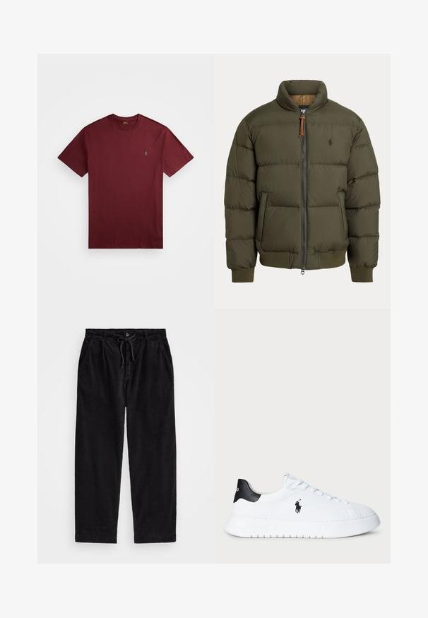 Puffjacka i olivgrön, med hög krage, dragkedja, sidofickor, ribbade ärmslut och en diskret logotyp på bröstet.; Burgundy bomulls-t-shirt med korta ärmar, rundad halsringning och en liten grön logotyp broderad på vänster bröst. Slät textur.; Svarta kordflamsbyxor med en avslappnad passform, med ett elastiskt midjeband och dragsko, samt sidofickor. Tyget har en ribbad struktur.; Vit lågtopp sneakers med svart hälflik och svart Polo Ralph Lauren-logotyp på sidan, med vita snören och tjock gummisula.