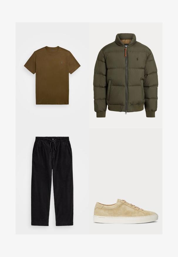 Casaco puffer em verde oliva, com gola alta, fecho de ziper, bolsos laterais, punhos canelados e um logótipo discreto no peito.; T-shirt de algodão castanho com gola redonda e mangas curtas. Apresenta um pequeno logótipo azul no lado esquerdo do peito. Textura suave, design casual.; Calças de veludo cotelê pretas com um ajuste relaxado, apresentando uma cintura elástica com cordão e bolsos laterais. O tecido apresenta uma textura canalizada.; Tênis de camurça bege com perfil baixo, bico redondo e atacadores bege. Apresenta uma sola de borracha branca e uma marcação subtil na lateral.