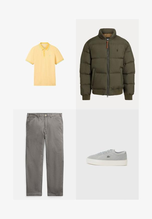 Olíva zöld puffernadrág, magas nyakkal, cipzáros záródással, oldalsó zsebekkel, bordázott mandzsettákkal és egy diszkrét logóval a mellkasán.; Sárga pólóing texturált anyagból. Gallérral, háromgombos sliccel és ellentétes menta zöld díszítéssel a ujjakon rendelkezik.; Szürke pamutnadrág egyenes szárú kialakítással, cipzáras sliccel és réz gombos rögzítéssel. Két elülső zsebbel és sima textúrával.; Lacoste COURT - Sportcipő - grey/off white
