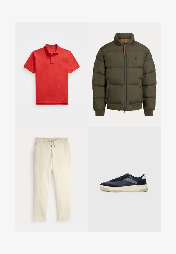 Casaco puffer em verde oliva, com gola alta, fecho de ziper, bolsos laterais, punhos canelados e um logótipo discreto no peito.; Polo Ralph Lauren Big & Tall THE ICONIC MESH POLO SHIRT - Polo - post red; Calças casuais off-white com cintura elástica e cordão, pernas retas e bolsos laterais, contra um fundo liso.; BOSS BALTIMORE - Sapatilhas - open blue
