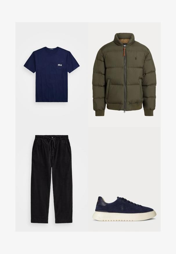 Olīvzaļa pūķjaka ar augstu apkakli, rāvējslēdzēju, sānu kabatām, ribotām aprocēm un smalku logo uz krūtīm.; T tumšzilā kokvilnas t-krekls ar apaļu kakla izgriezumu. Tam ir kabata kreisajā pusē ar uzrakstu "POLO" baltā krāsā. Īsas piedurknes.; Melnas korduroja bikses ar brīvu piegriezumu, ar elastīgu jostu un auklu, kā arī sānu kabatām. Audumam ir ribota tekstūra.; Jūras kara flotes zamšādas zemas kedas ar strukturētu virsmu, gumijas zoli un tonālām šņorēm, ar mazu logotipu uz sāna un papēža.