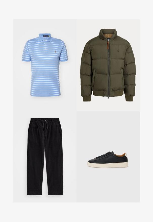 Πάρκο καπιτονέ σε ελαιόλαδο χρώμα, με ψηλό κολάρο, φερμουάρ, πλαϊνές τσέπες, ribbed μανσέτες και μια διακριτική λογότυπη στο στήθος.; Ανοιχτό μπλε πουκάμισο polo με ρίγες και κοντά μανίκια, που διαθέτει πλαίσιο με τρία κουμπιά και κεντημένο λογότυπο στο αριστερό στήθος.; Μαύρο παντελόνι κοτλέ με άνετη εφαρμογή, διαθέτοντας ελαστική μέση με κορδόνι και πλαϊνές τσέπες. Ουσιαστικά, το ύφασμα έχει ριγωτή υφή.; Μαύρα δερμάτινα παπούτσια αθλητικά με λεία υφή, μπεζ καουτσούκ σόλα, σχέδιο με κορδόνια και αντίθεση στη φτέρνα.