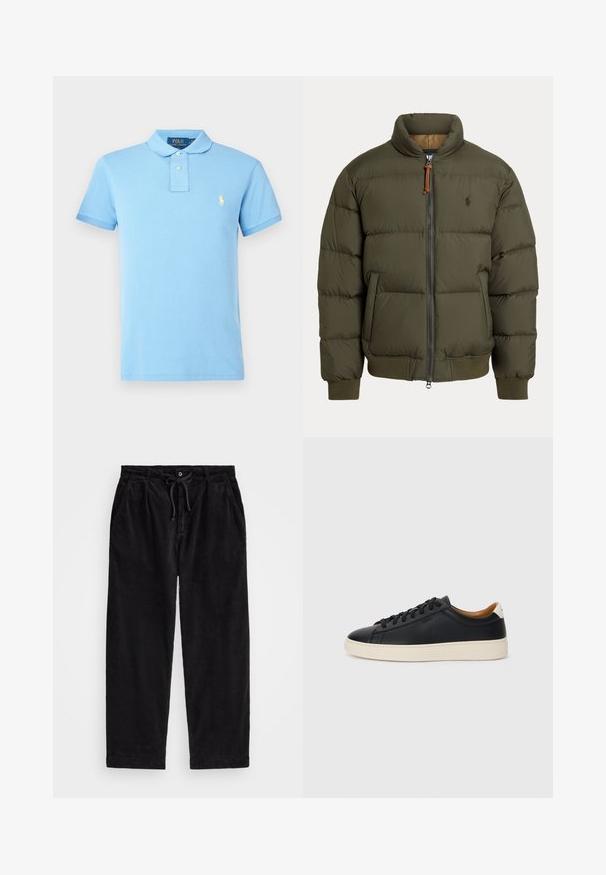 Πάρκο καπιτονέ σε ελαιόλαδο χρώμα, με ψηλό κολάρο, φερμουάρ, πλαϊνές τσέπες, ribbed μανσέτες και μια διακριτική λογότυπη στο στήθος.; Ανοιχτό μπλε πόλο πουκάμισο από βαμβάκι, με κλασικό γιακά, κοντά μανίκια, κούμπωμα με τρία κουμπιά και κεντημένο λογότυπο στο στήθος.; Μαύρο παντελόνι κοτλέ με άνετη εφαρμογή, διαθέτοντας ελαστική μέση με κορδόνι και πλαϊνές τσέπες. Ουσιαστικά, το ύφασμα έχει ριγωτή υφή.; Μαύρα δερμάτινα παπούτσια αθλητικά με λεία υφή, μπεζ καουτσούκ σόλα, σχέδιο με κορδόνια και αντίθεση στη φτέρνα.