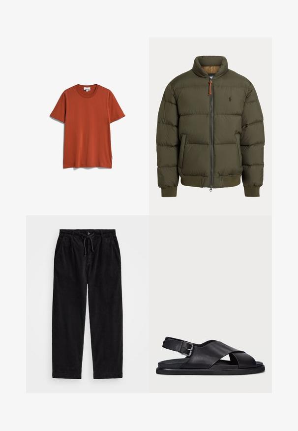 Pufferjack in olijfgroen, met een hoge kraag, ritsluiting, zijzakken, geribbelde manchetten en een subtiele logo op de borst.; ARMEDANGELS JAAMES - T-shirt basic - dark amber; Zwarte corduroy broek met een relaxte pasvorm, voorzien van een elastische tailleband met een koord, en zijzakken. De stof vertoont een ribbelstructuur.; Polo Ralph Lauren ZANE LEATHER SANDAL - Sandalen - black