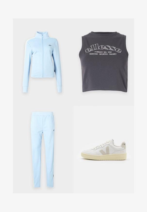 Šviesiai mėlynas zip-up švarkas su stovinčiu apykakle. Turi ilgomis rankovėmis, pečių juostomis ir logotipu kairėje krūtinės pusėje. Lygus tekstūros paviršius.; Tamsiai pilkas trumpas tankas, pagamintas iš minkštos medvilnės, su baltu spausdintu logotipu ir apvaliame kakle, be rankovių.; Šviesiai mėlynos sportinės kelnės su švelniu paviršiumi, elastinga juosmens juosta ir subtiliu raštu. Ant klubų yra logotipas, o apatine dalimi puošia spalviniai akcentai.; Balti odiniai sportbačiai su kreminiais zomšos akcentais, perforuota pirštų dalimi, plokščiomis raišteliais ir struktūruota kreminėmis padomis. Ant kulno yra subtilus ženklinimas.